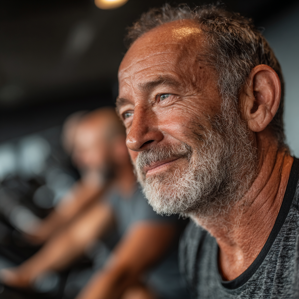 Чоловік 58 років на велотренажері в фітнес-залі під час кардіо тренування