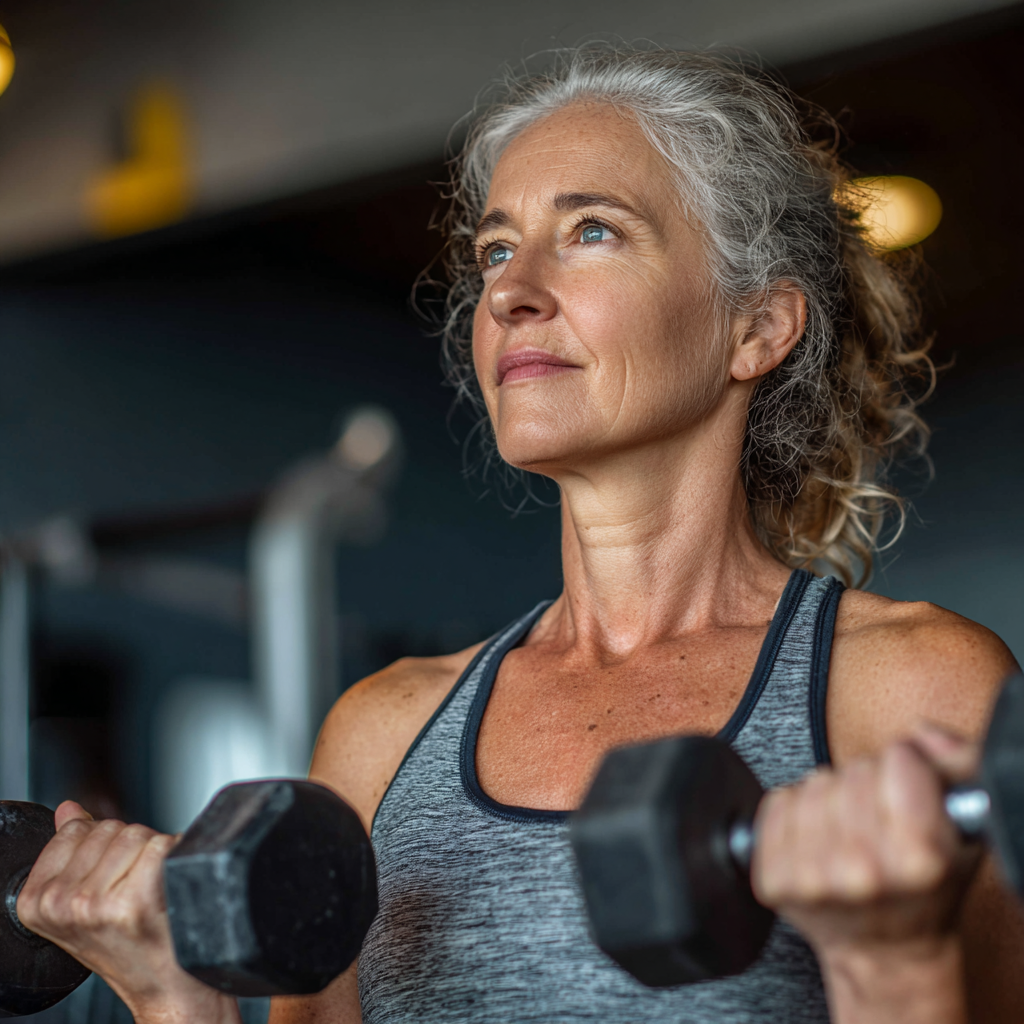 Жінка 55 років виконує силові вправи з гантелями в спортивному залі