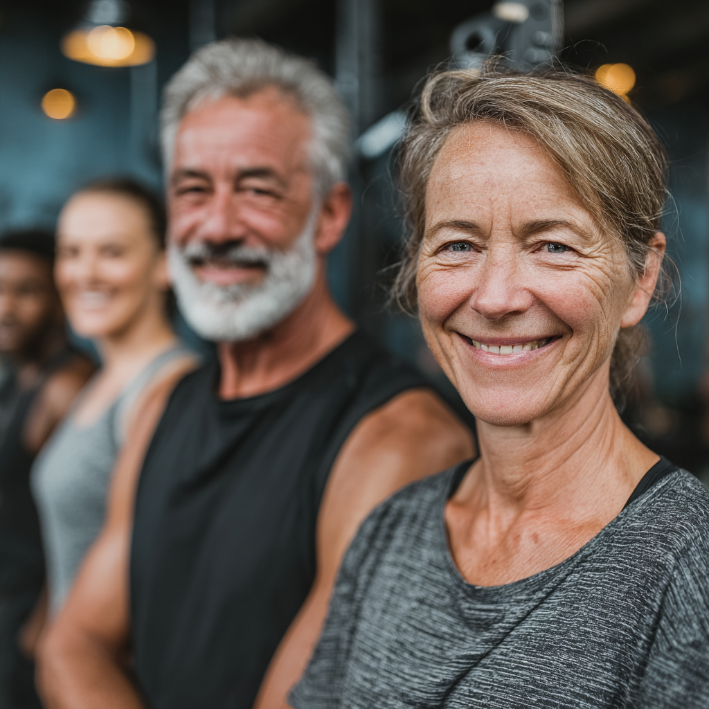 Група людей віком 50-60 років усміхається після групового тренування в залі